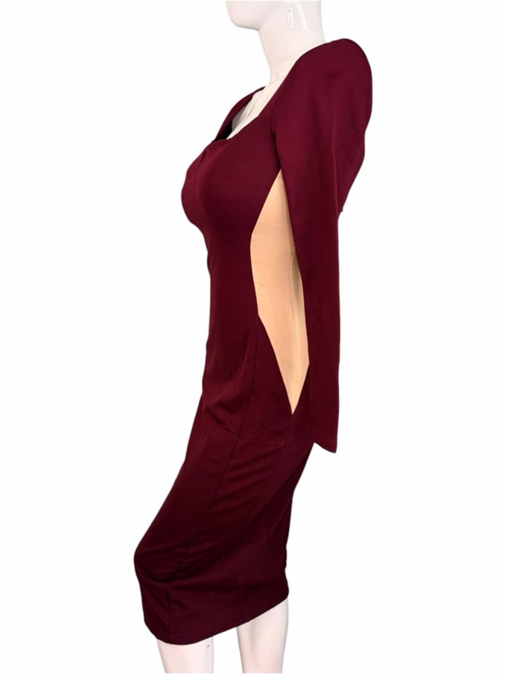 TA3 Notchy Long Sleeve Midi Dress Bodycon Cutout illusions Deep Wine red NWT L - Picture 12 of 16